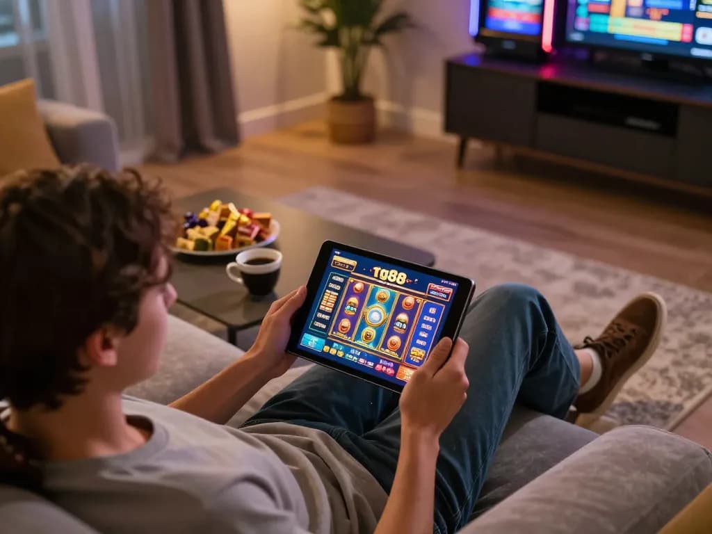 Engaging in the tg88 game on a tablet in a cozy home atmosphere, emphasizing modern gaming.