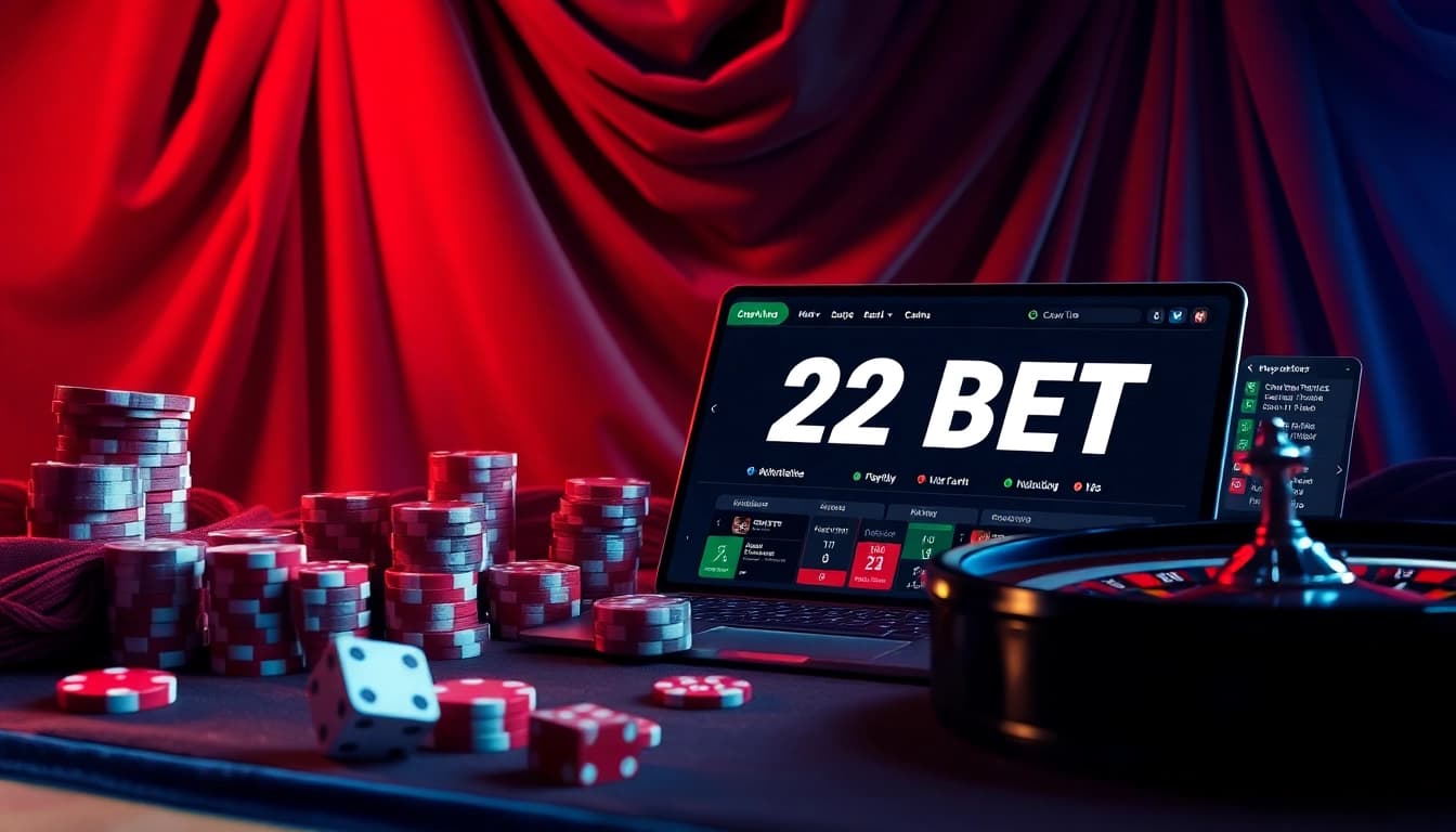 Exciting gambling setup showcasing a 22 BET interface with poker chips and a roulette wheel.