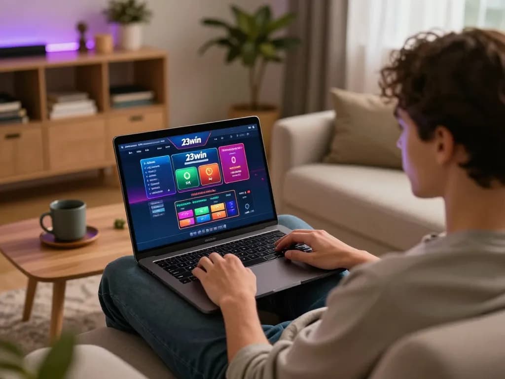 Engaging online gaming scene showcasing 23win's casino interface on a laptop in a cozy environment.