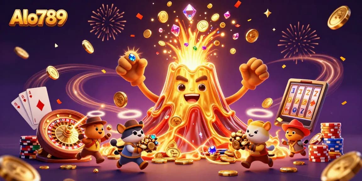 Alo789 showcases an exciting eruption of treasures and casino elements in a vibrant 3D scene.