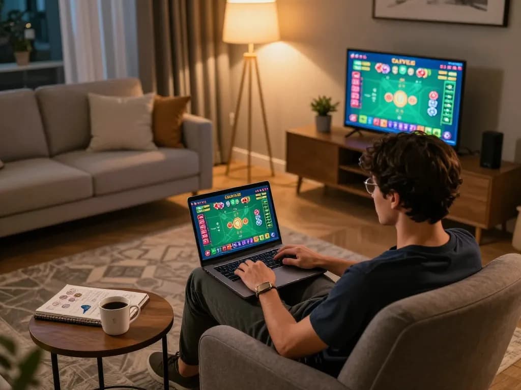 Taking strategic gameplay with Tài Xỉu online at home, showcasing a cozy gaming setup with laptop