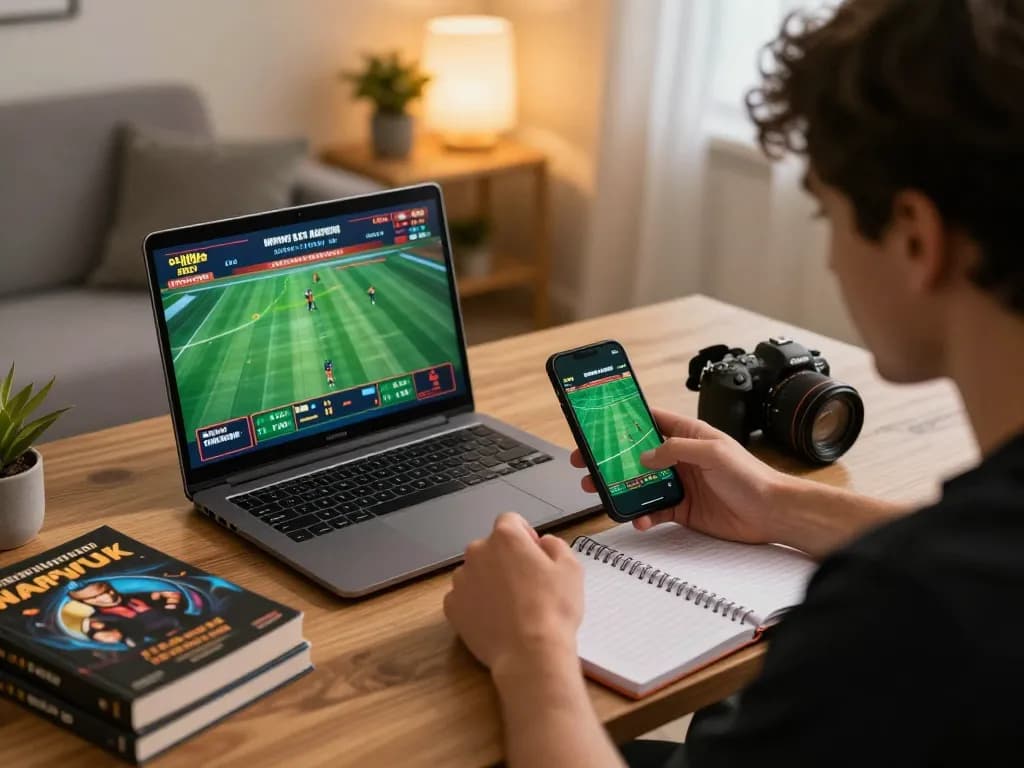 Engaging in sports betting on 789win with a laptop and smartphone in a cozy home office setting.