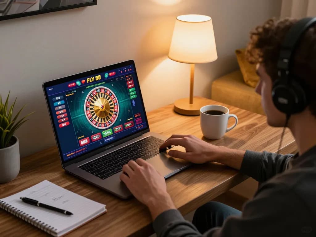 Engaged player enjoying FLY 88 online roulette game on a laptop in cozy setup.