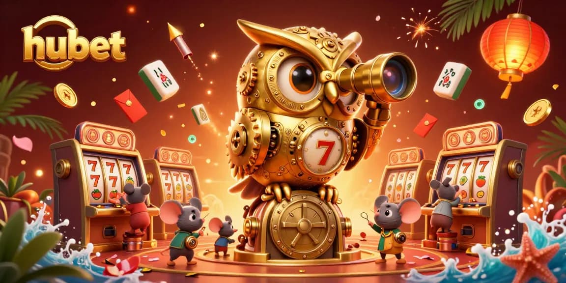 Engage in exciting gameplay at hubet, featuring a golden owl overseeing vibrant casino action with colorful slot machines.