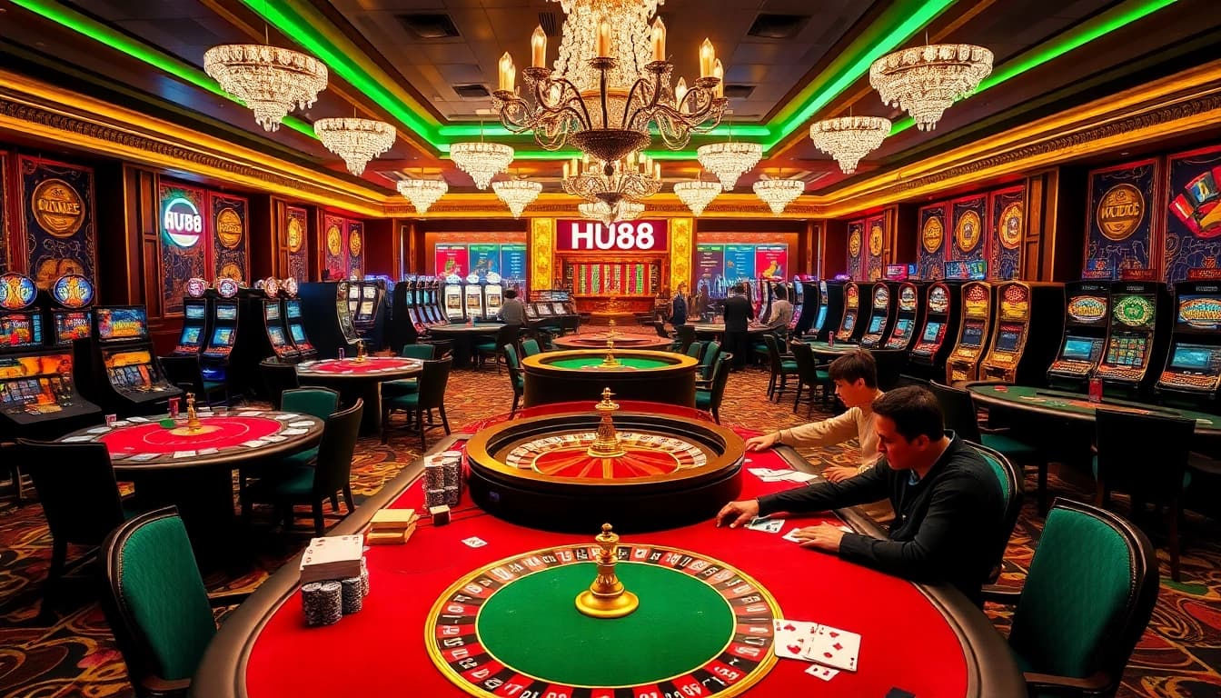 Players engaging in high-stakes poker at a luxurious casino with HU88 branding on tables.