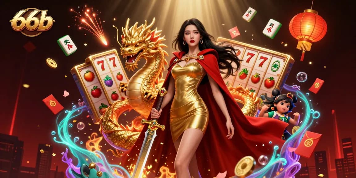 Engage with 66b in a vibrant casino scene featuring lucky symbols and a warrior queen.