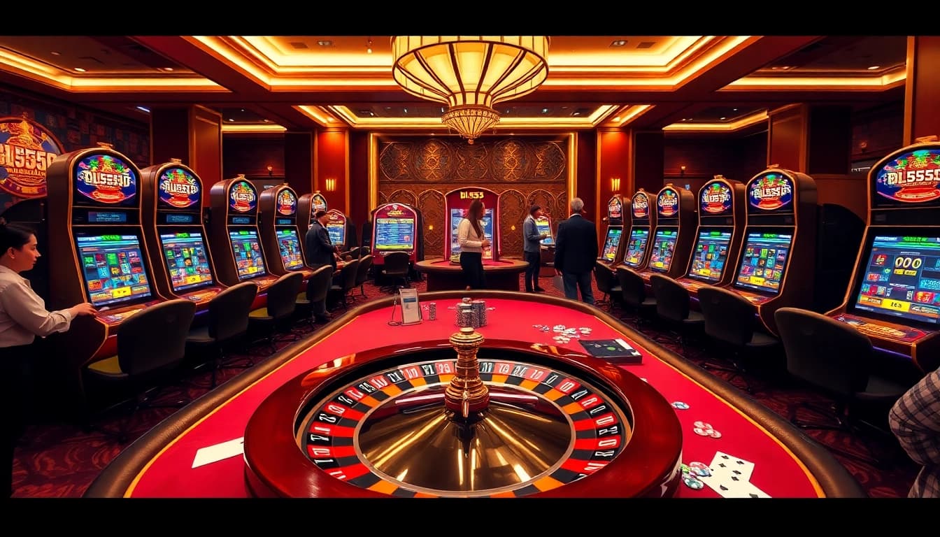 Experience bl555 online gaming excitement with vibrant slots and poker tables in a luxurious casino.
