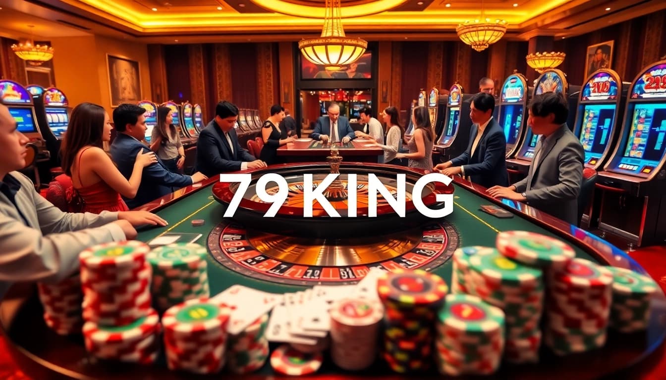Players experience the thrill of gaming at 79KING's casino, featuring vibrant roulette and poker elements.