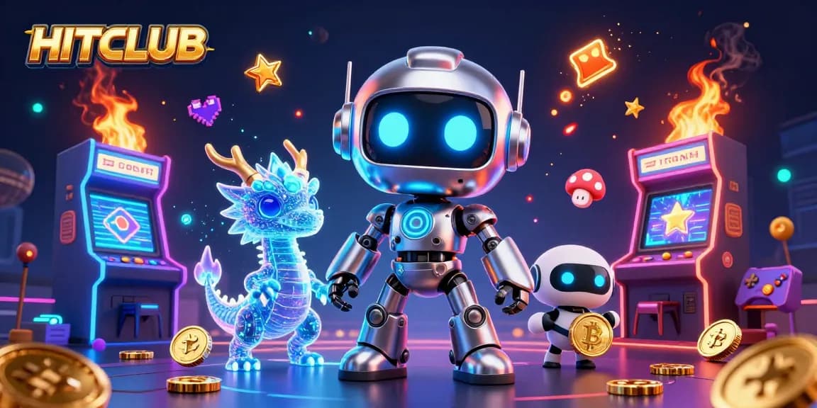 Experience thrilling gaming at HITCLUB with vibrant casino-themed 3D illustration featuring characters and games.