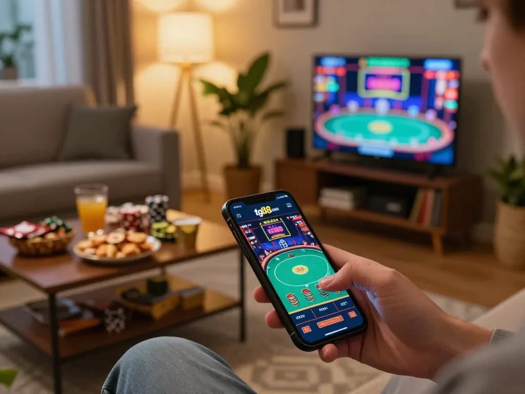 Person engaging with tg88 com casino app on smartphone in cozy home setting, ready to play