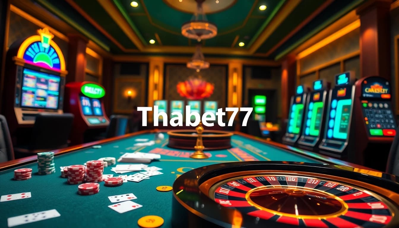 Players at a lavish Thabet77 casino table enjoying high-stakes games with poker chips and cards.