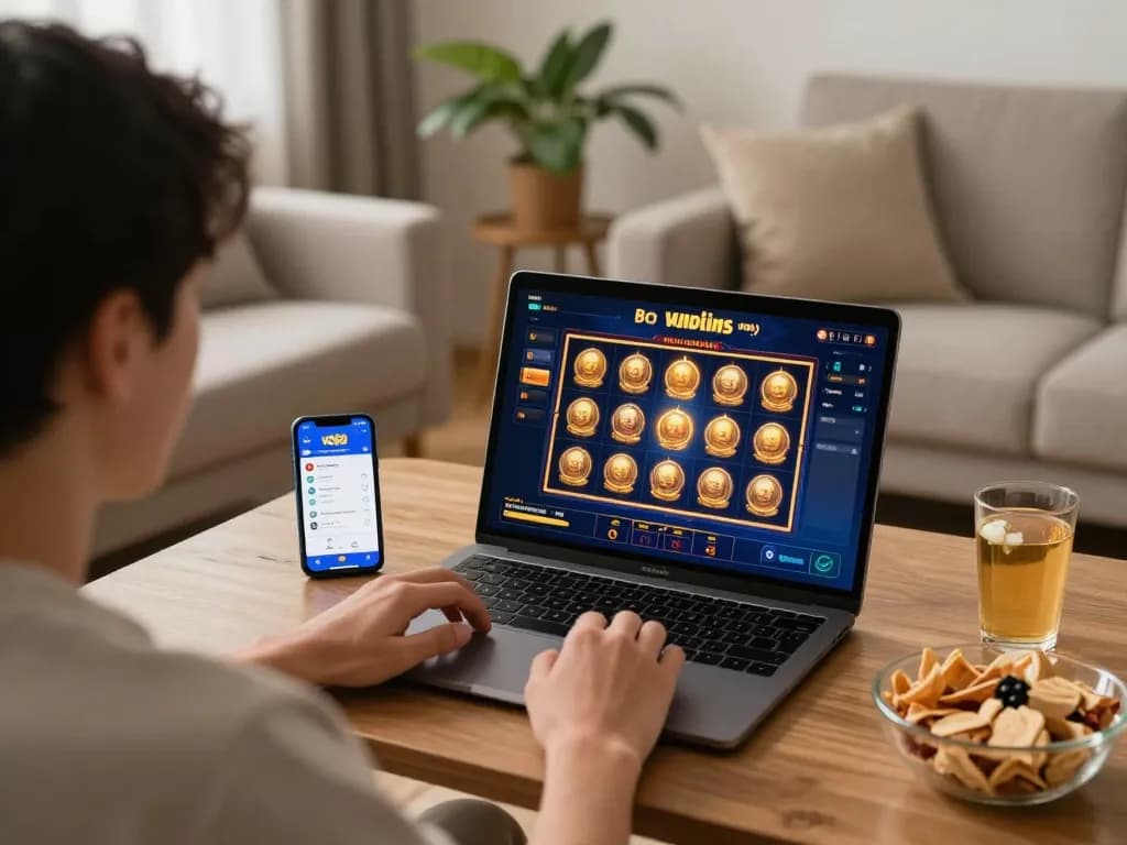 Player enjoying va88 online slot game in cozy home setting with laptop and smartphone