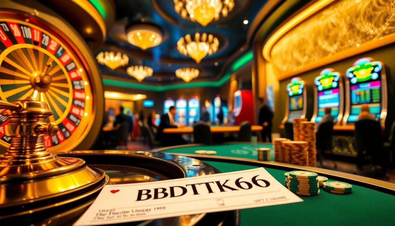 Experience thrilling gameplay at BDTK66 casino with poker chips and a roulette wheel.