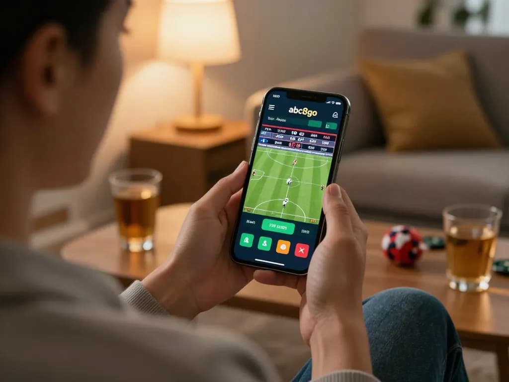 Person placing sports bets on the abc8go app, relaxing at home.