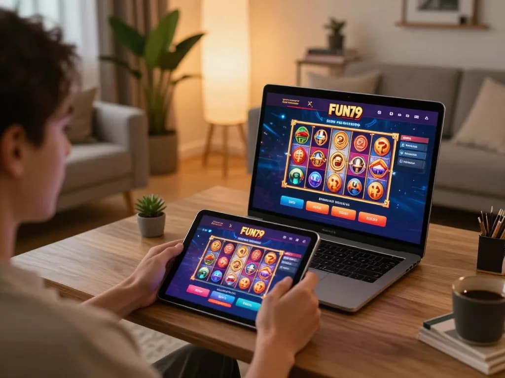 Engaging in khuyến mãi fun79 through a tablet in a cozy living space for attractive online gambling.