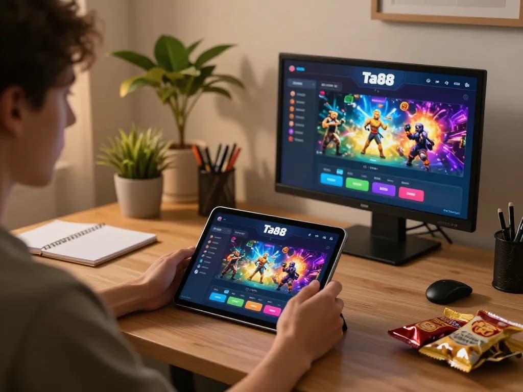 Player betting on ta88 online casino app in a cozy home office setting