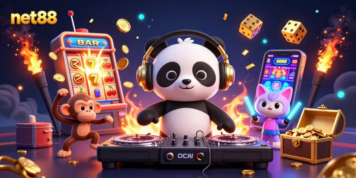 Experience the vibrant energy of net88 with a DJ panda spinning and exciting slot elements bursting with coins and symbols.