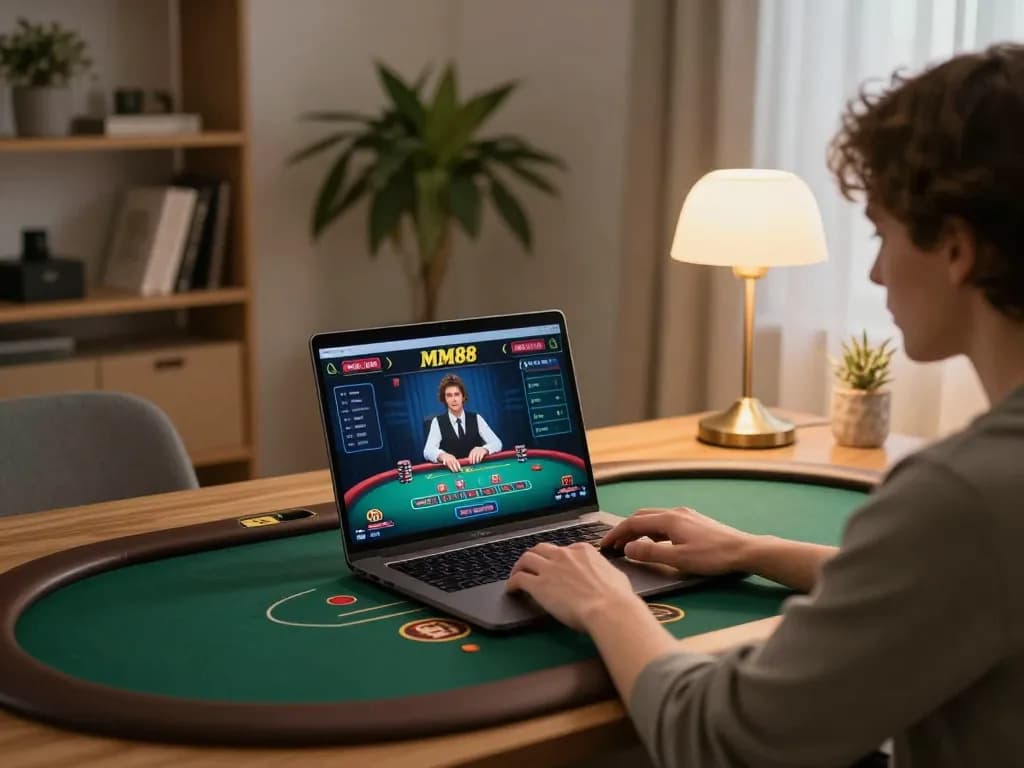 Player engaging with MM88's live poker game on a laptop in a cozy home setting