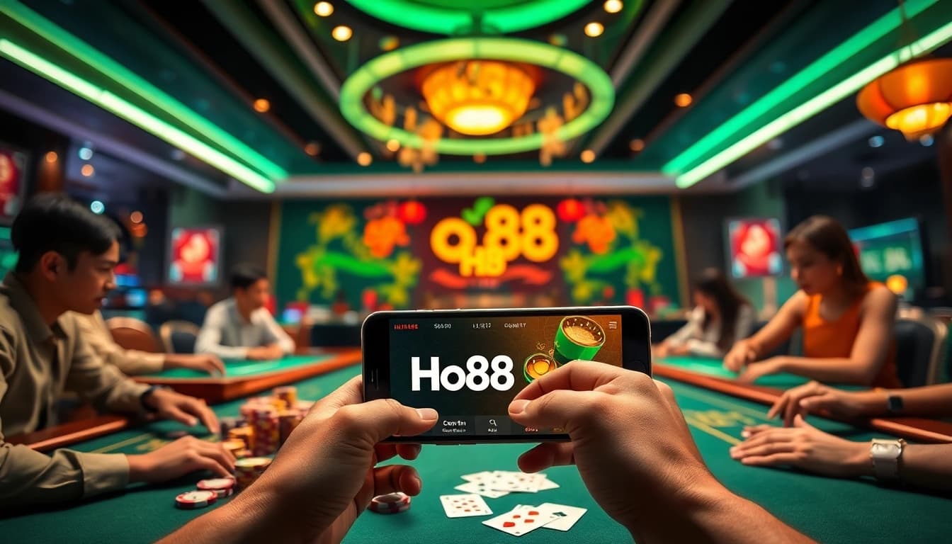 Exciting online gambling scene featuring Ho88 brand elements, showcasing vibrant casino atmosphere.