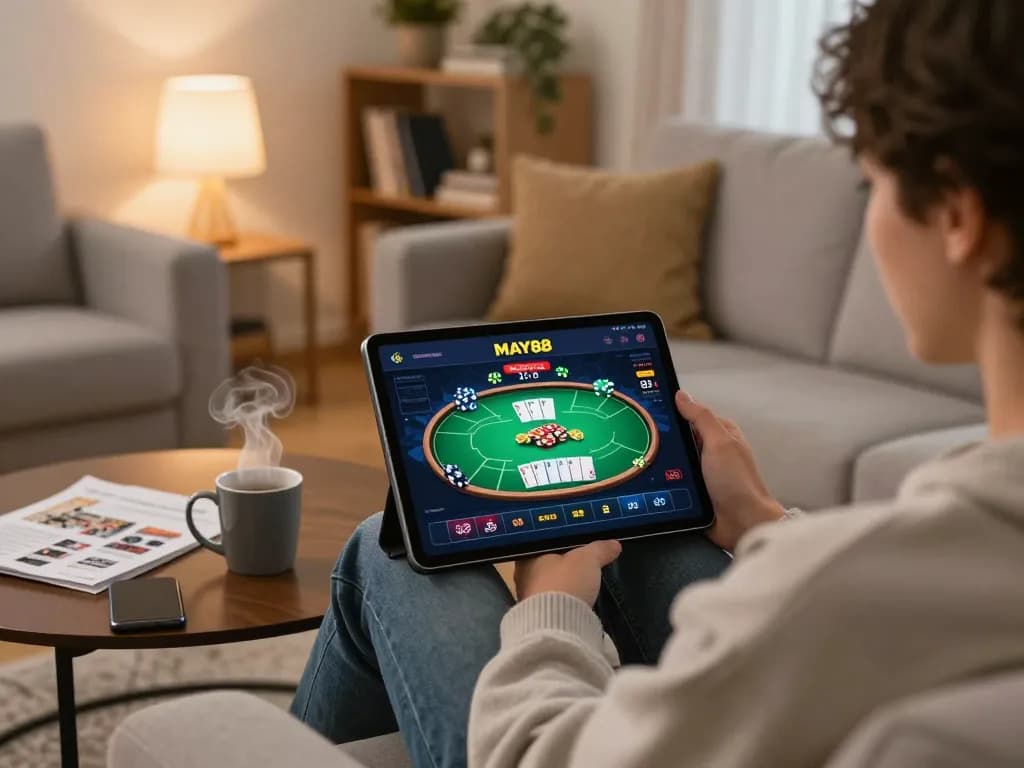 Engaging with the MAY88 online casino app on a tablet in a cozy living room setting, showcasing modern gambling.