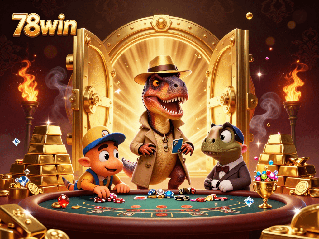 Engage with the thrilling world of 78win as a velociraptor card counter navigates a blackjack table amidst a treasure-filled casino scene.