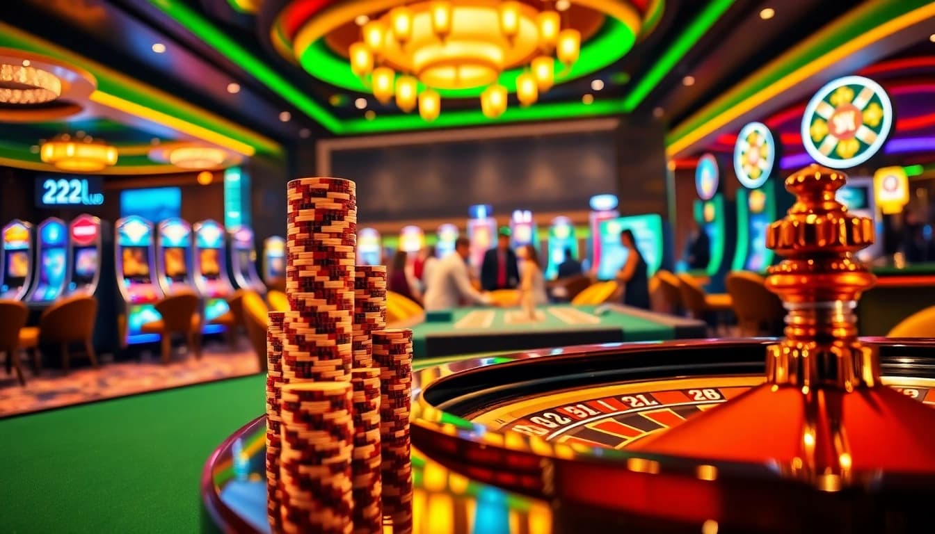 Engaged players at the 22jl club casino surrounded by roulette wheels and vibrant slot machines.