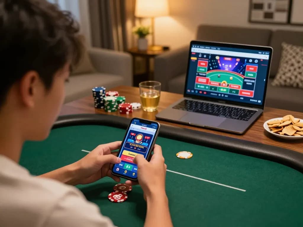 Player engaging with luck8 trang chủ casino app on smartphone, enjoying an enriching online gaming experience at home