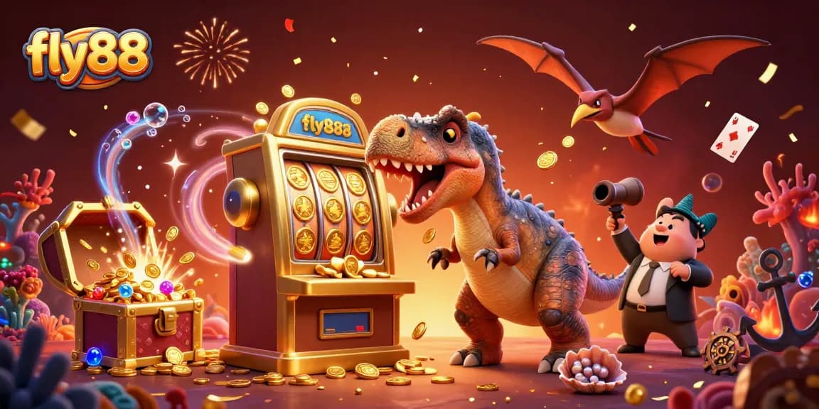 Experience a thrilling fly88 jackpot moment with a dinosaur and casino chaos!