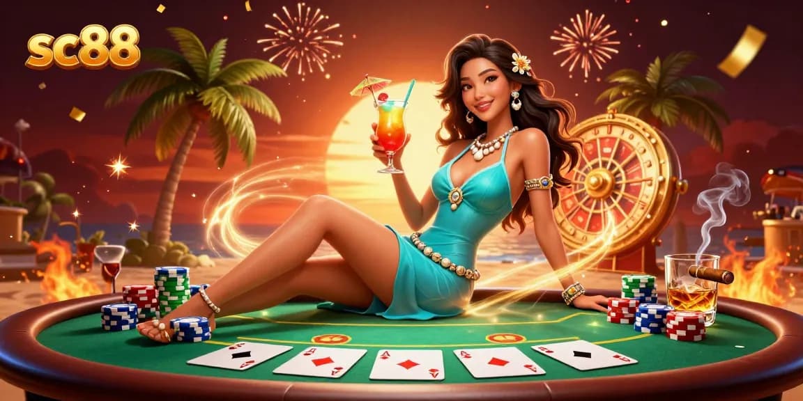 Engage in thrilling gaming at sc88 with vibrant scenes showcasing casino excitement and tropical luxury.