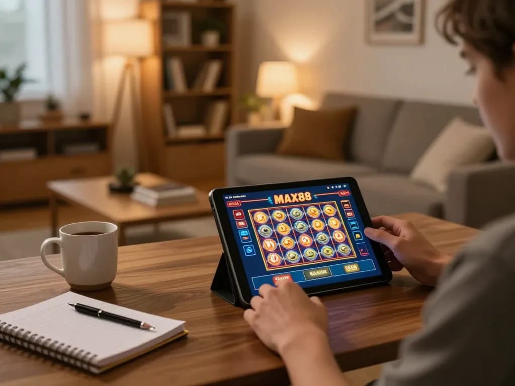 Engaged player enjoying online gaming on MAX88 tablet in a cozy home setting