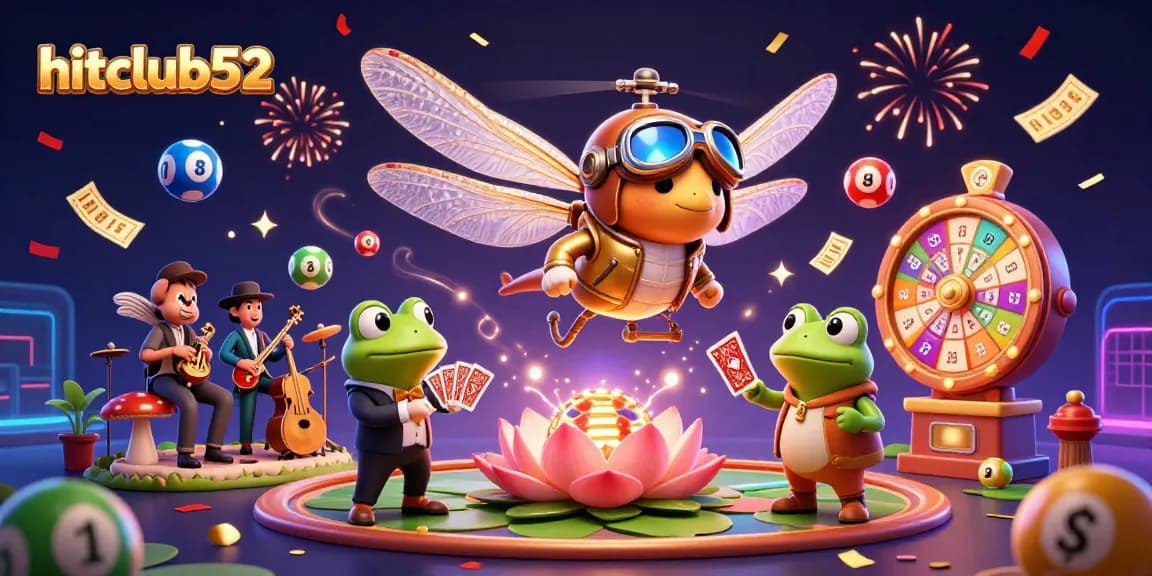 Engage with hitclub52's vibrant gaming scene featuring a dragonfly pilot and frog croupier amidst lively casino activities.