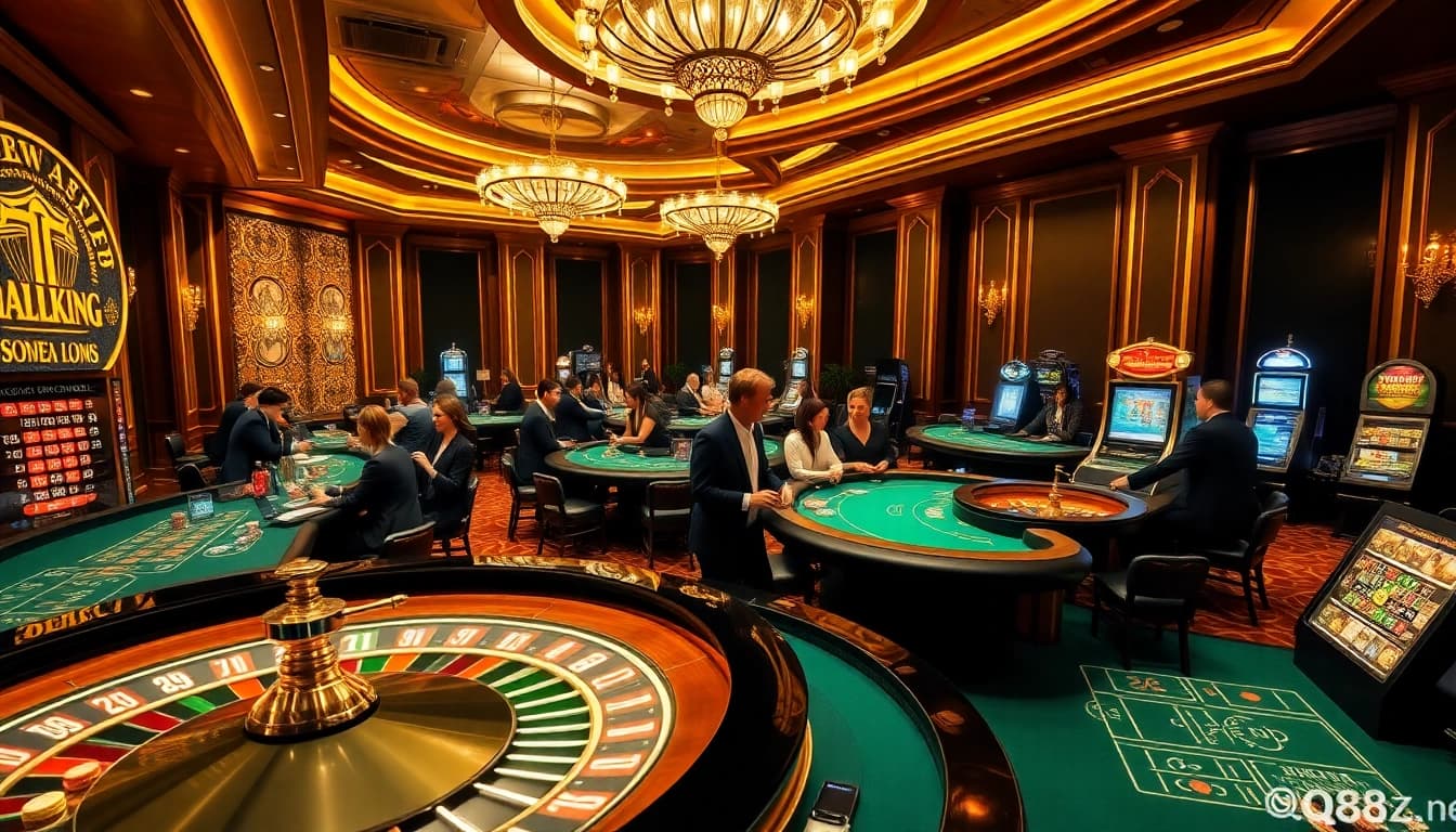 Players enjoying a thrilling game at a luxurious casino representing https://qq88z.net/ with elegant poker chips and roulette wheels.