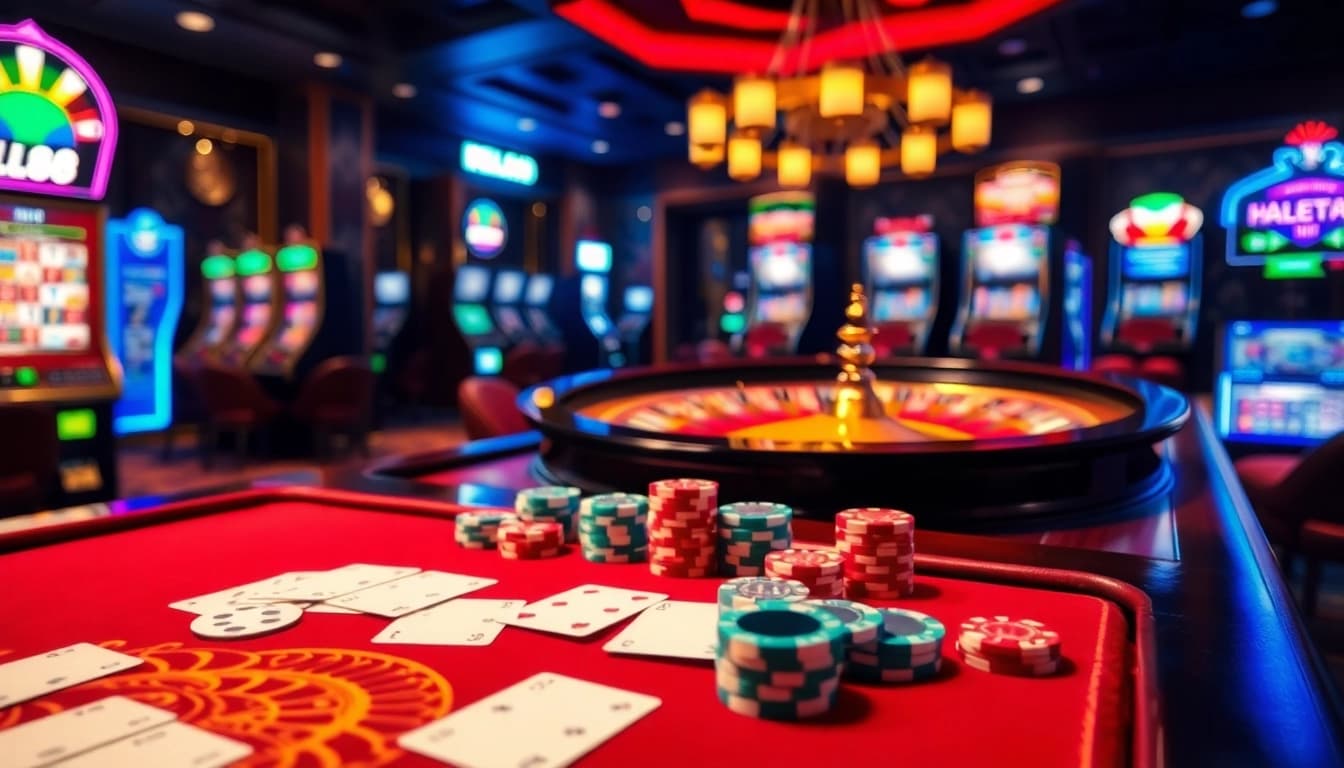 Engaging casino atmosphere showcasing HELLO88 gaming table with vibrant cards and luxury slot machines.