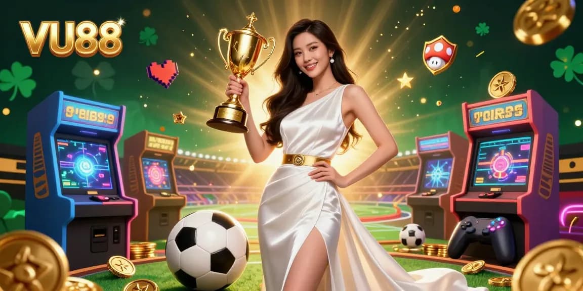 Experience thrilling wins at VU88 with a confident Asian woman celebrating victory amidst vibrant casino elements.