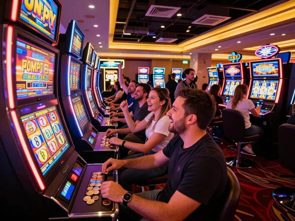 Fabet players celebrating wins at vibrant slot machines in a lively casino environment
