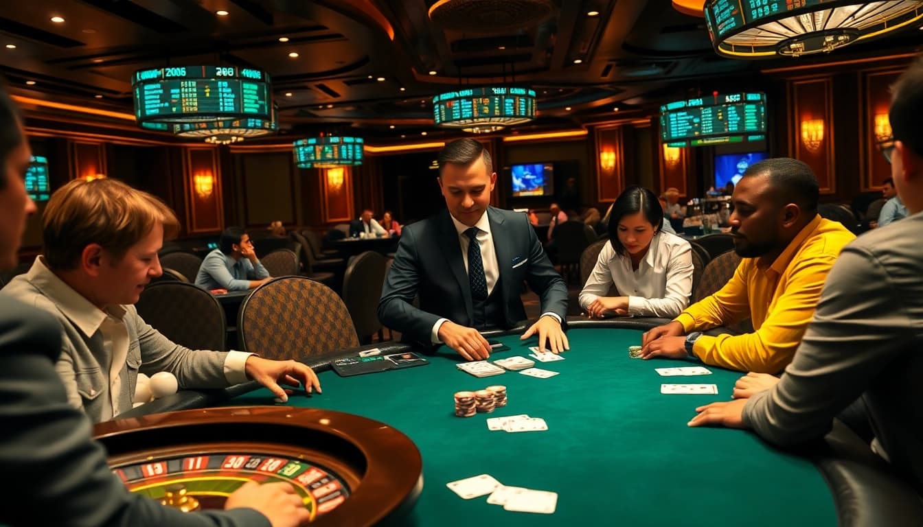 Daga poker table with players engaged in strategic gameplay amid a luxurious casino atmosphere.