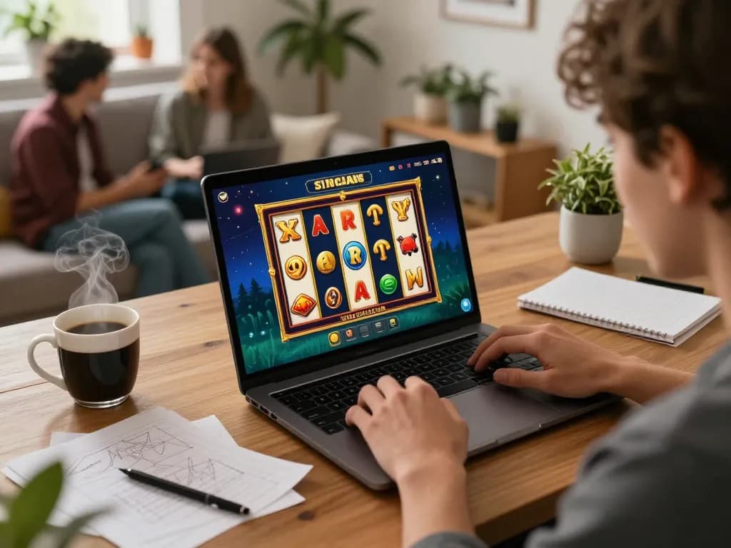 Engaging player enjoying the link slot experience on a laptop at home, showcasing the action of spinning reels.