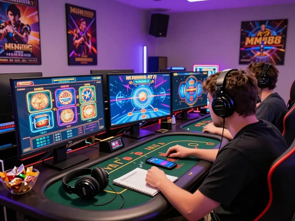 Engaged player at MM88 online casino with multiple screens and vibrant decor