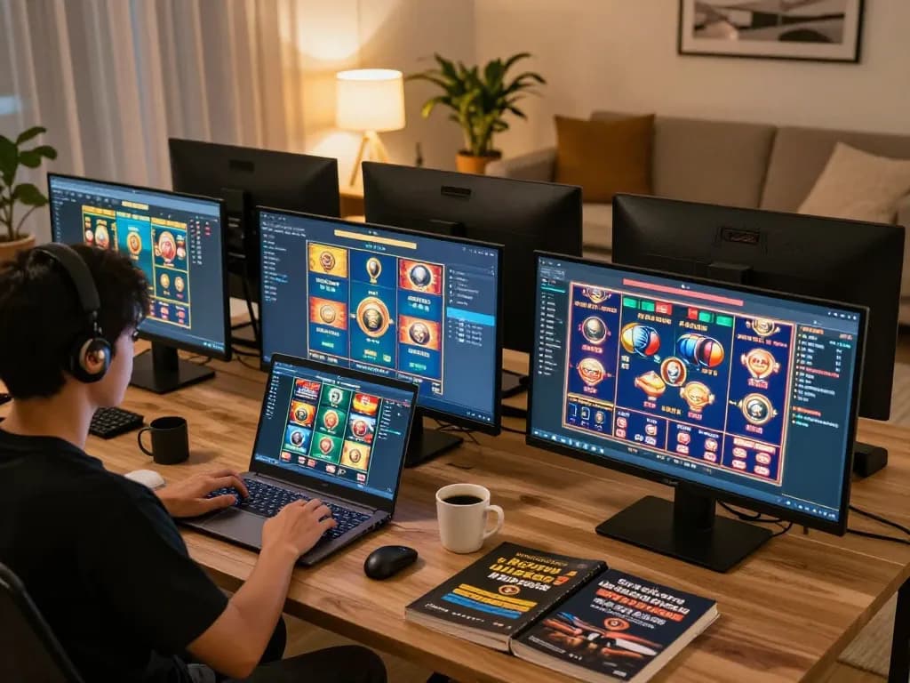 Pemain berinteraksi dengan permainan slot toto di beberapa layar dalam pengaturan rumah yang nyaman