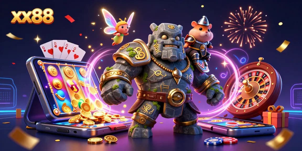 Play exciting slot games at xx88, featuring an enchanted golem and magical elements.