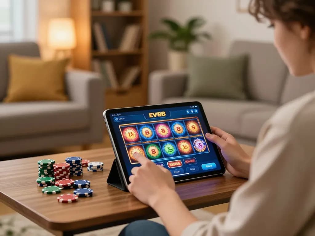 Engaging in Ev88 online casino gameplay on a tablet in a cozy home setting with warm lighting.