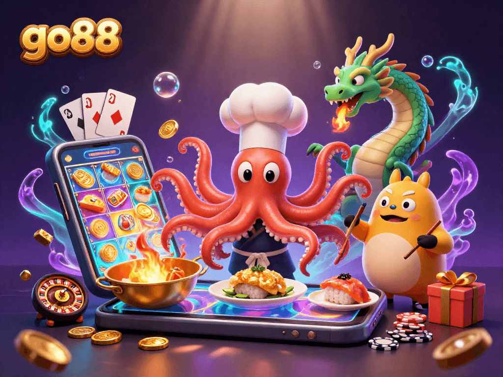 Experience exciting gaming with go88 as a 3D cartoon sushi chef octopus presents winning dishes amidst colorful slot game elements.