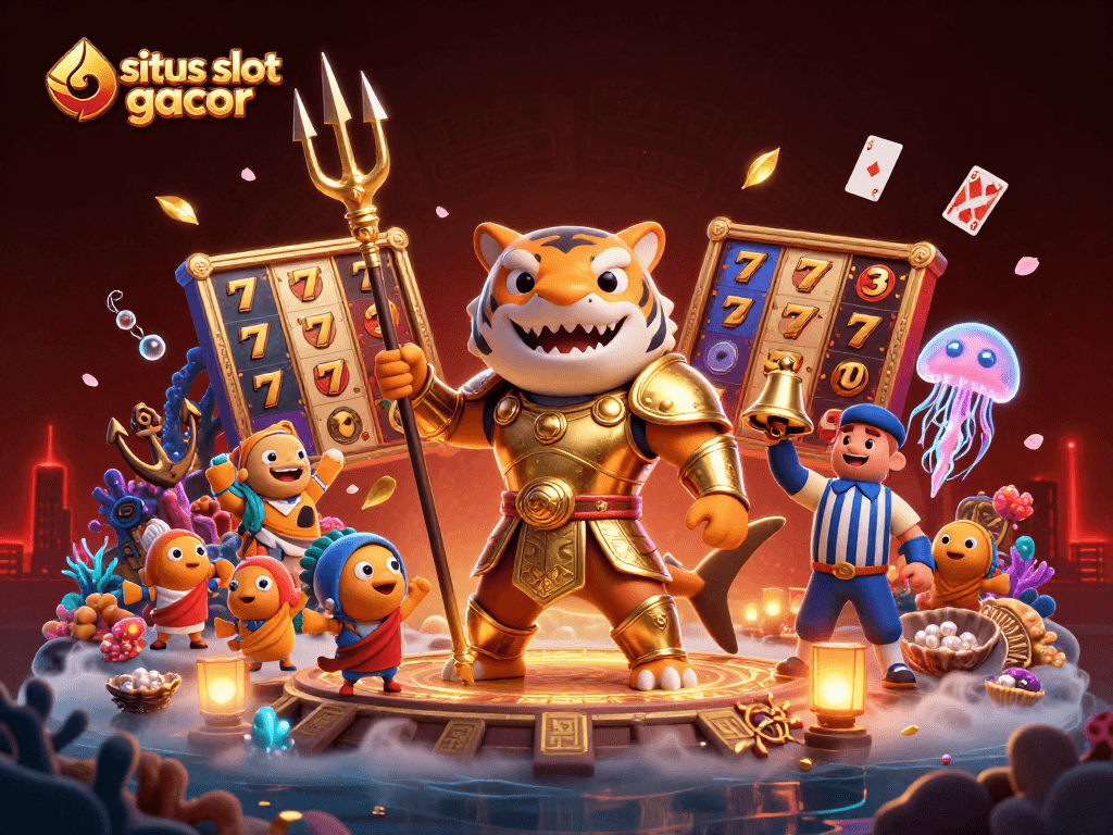 Engage with the situs slot gacor scene featuring a dynamic underwater battle with a 3D shark and cheerful fish.