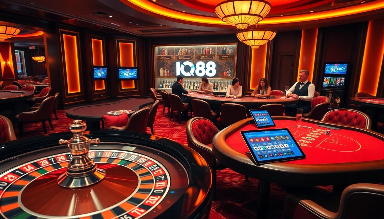 Experience IQ88 gaming excitement at a luxurious casino table with chips and roulette.