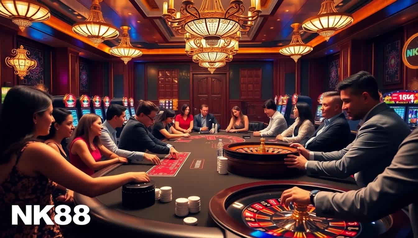 Players enjoy high-stakes poker at NK88's luxurious casino table, surrounded by excitement.