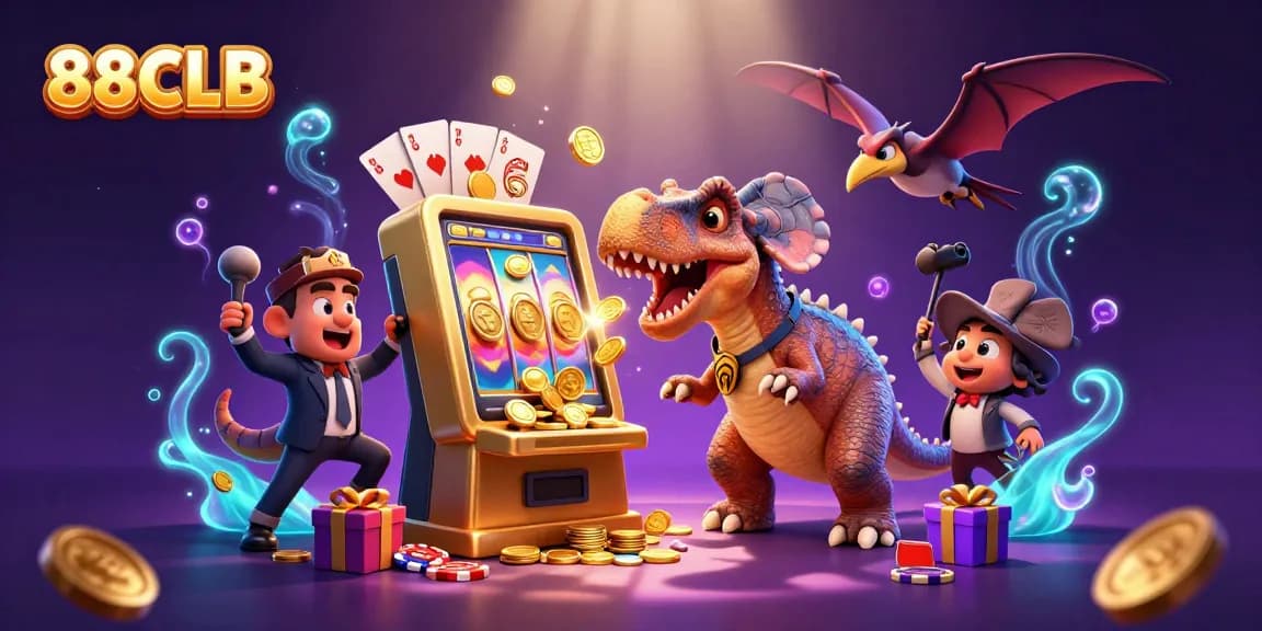 Experience thrilling jackpots at 88CLB with a dynamic casino scene featuring cartoon characters amid cascading coins.