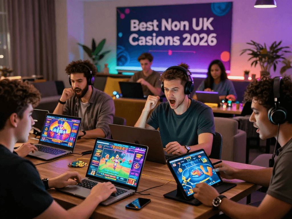 Players excitedly enjoying games at non UK casinos, showcasing vibrant graphics and community atmosphere.