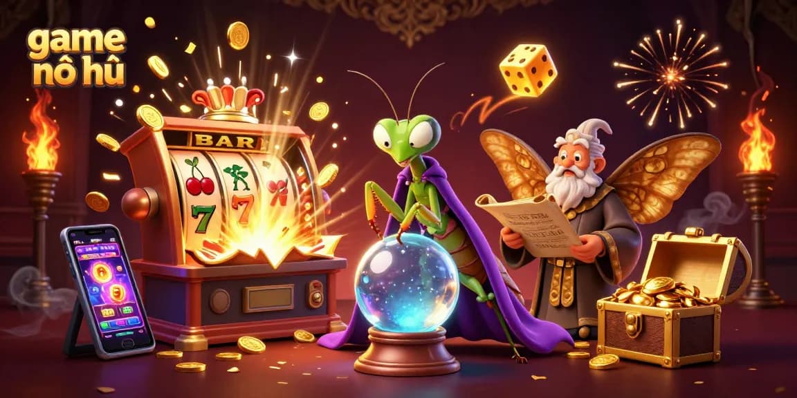 Experience the thrill of game nổ hũ with dynamic slot machines, golden coins, and magical characters.