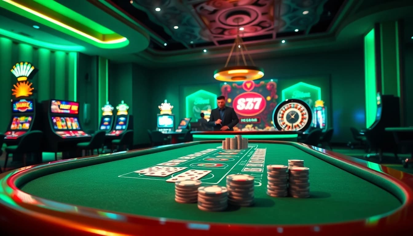 Engaging casino scene showcasing kkwin gaming excitement with vibrant tables and slot machines.