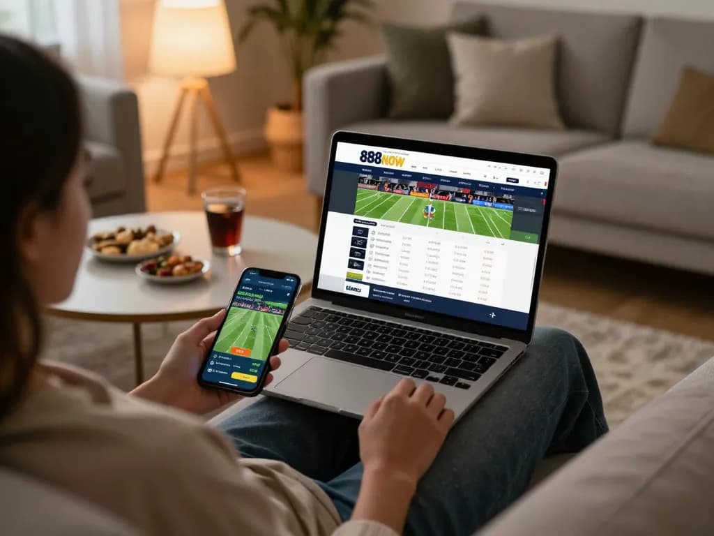 Person engaging in strategic online betting at 888NOW from home, showcasing laptop and smartphone.